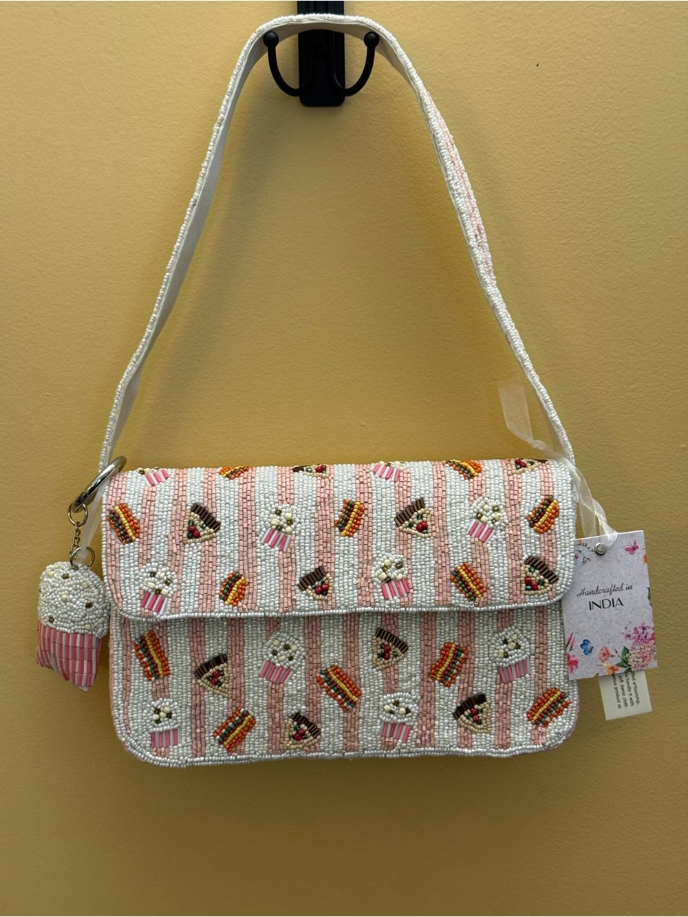 Handcrafted in India FLAWED Beaded Pink Snack-Print Shoulder Bag NWT